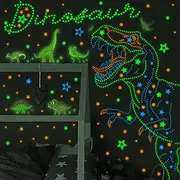 Buiory 925pcs Glow in the Dark Dinosaur Wall Decals Removable DIY Glowing Blue Green Yellow Stars and Dots Wall Stickers PVC Peel and Stick Fluorescent Luminous Wall Decor for Kids Bedroom Baby Boys