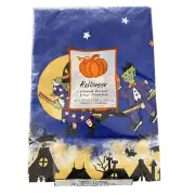 Vtg Halloween 52x52” Square Card Table Vinyl Tablecloth Pumpkin Witch Bat NOS