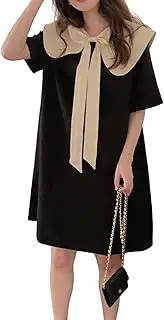 EIASER Lolita Causal Dress Skirt for Women Summer Korean Version of The Front and Back Two Large Bows Contrast Color Doll Collar Slim Dress (Color : Black, Size : Medium)