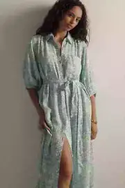 Anthropologie The Irene Linen Shirt Dress Button Front Belted Sky Blue S NWT