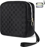 Likesing Tampon Holder for Purse, Upgraded 5.3" Checkered Period Bag, Sanitary Napkin Storage Bag with Wrist Strap for Girls Women, Thickened Portable Period Pad Pouch(Black)