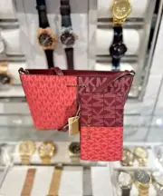 Michael Kors Jet Set Travel SM Top Zip Crossbody Bag+Bifold Wallet-Oxblood Multi