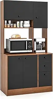 Giantex 180CM Buffet Storage Cabinet, Kitchen Pantry w/3 Drawers, 3 Door Cabinets, 2 Adjustable Shelves, Open Shelf & Spacious Countertop for Living Room Dining Room (Walnut & Black)