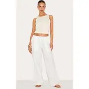 Petite White Linen Drawstring Waist Pants, White