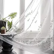 Melodieux Flower Embroidery Sheer Curtain for Living Room Bedroom, Farmhouse Style Rod Pocket Voile Drape, White Flower, 52 by 84 Inch (1 Panel)