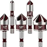 YUENTOEN 5 Pack Countersink Drill Bit Set for Metal, 1/4 Inch Hex Shank Countersunk Bits, 82 Degree 5 Flute,1/4'' 3/8'' 1/2'' 5/8'' 3/4'' with Bit Holder for Metal Wood and Plastic