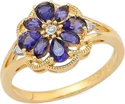 [Ivy Gems] Gold Plated Sterling Silver Iolite and Diamond Floral Cluster Ring