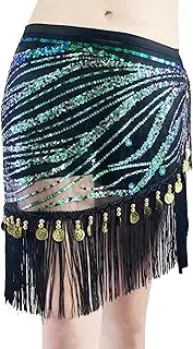 [ZLTdream] Belly Dance Hip Scarf with Glitter Sequins Fringe TasselsSkirt Belt for Women Halloween Costume Dancing Outfit