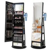 Costway 1.64M Rotatable Jewellery Storage Armoire Lighted Full-Length Mirror Cabinet Makeup Jewelry Organizer w/Hair Dryer Rack Black