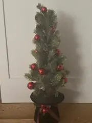 24" Pre-lit Pine Tree w/red ornaments Black Top Hat base by Valerie Parr Hill