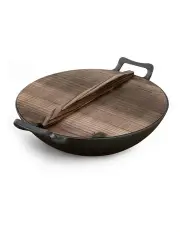 [SOGA] Commercial Cast Iron Wok Frypan With Wooden Lid 36cm in Black