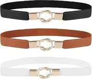 [YiliYa] Pack of 3 Women's Elastic, Women's Stretchy Skinny Waist Belt, Simple Vintage Style, Elastic Belt with Metal Buckle for Dresses, Shirt, Black/White/Brown, One size