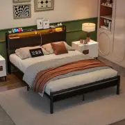 Queen Bed Frame with Storage Headboard,Charging Station & LED Lights,Metal Platf