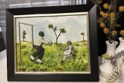 Soccer father and son-Pebble art,paint,craft,original from Miranda P.13/11/1 in