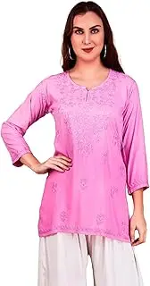 [ladyline] Lucknowi Hand Embroidered Tunic Top Rayon Womens Chikankari Short Kurti Hip Length (CEK NJLS) (38/ Pink), Pink (M)