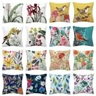 Color Plants Floral Polyester Cushion Cover Flowers Bird Print Pattern Pillow