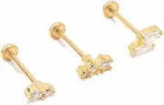 [Lovisa] Gold Plated Surgical Steel Double Baguette Flat Back 3-Pack | Premium Gold PVD Plated on Surgical Steel | Hypoallergenic | On Trend Designs, metal, cubic-zirconia