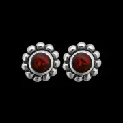 Flower Earrings • Sterling Silver Studs • Fire Opal • Navajo Handcrafted