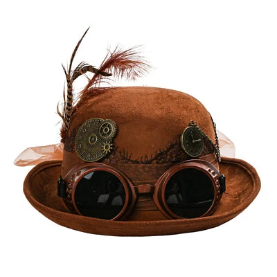 Brown Victorian Steampunk Bowler Hat with Flower and Lace for Costume