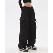 Drawstring Waist Plain Harem Cargo Pants Black - S