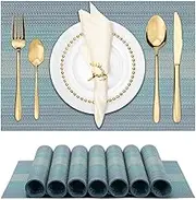 Winknowl Placemats, Set of 8 Heat Resistant Stain Resistant Woven Vinyl Insulation Placemats, Durable Washable Elegant Table Mats for Dining (Blue)