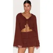 Petite Chocolate Cheesecloth Ruffle Tie Front Long Sleeve Top, Chocolate