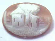 NOS Antique Hand Carved Oval Shell CAMEO Stone House & Tree Scene #N449