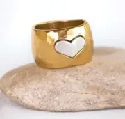 Designer Yellow Gold 24K Plated Hammered Effect Silver Heart Band Ring Sz 8