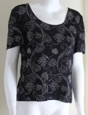 NWT St.John Evening Sz 12 Black $990 Leaf Paillette Round Neck Knit Blouse Top L