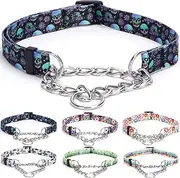 Bbmmayy Martingale Collar, Training Dog Collar, Stainless Steel Chain Pet Collar for No Pull Dog Walking Flowers Design Large Medium Small Dogs (L, Skull)
