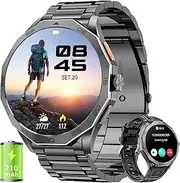 Military Smart Watch for Men 1.85" HD Ultra Screen Touch Screen 710mAh Battery Smart Watches for Android iOS （Bluetooth Call Answer/Dial Calls） Fitness Tracker with 100+ Sports Black Steel Strip