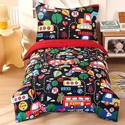 Wowelife Toddler Bedding Set 4 Piece Black Toddler Bed Set with Comforter, Flat Sheet, Fitted Sheet and Pillowcase(Black Transportation)