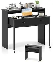 Giantex Extending Writing Desk, Console Table with 2 Drawers, Wood Study Workstation, Worktable for Small Space Home & Office