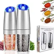 AVNICUD Electric Salt and Pepper Grinder, Automatic Pepper Mill, Gravity Salt Grinder, Battery-Operated with Adjustable Coarseness, LED Light, One Hand Operated (Silver 2Pack)