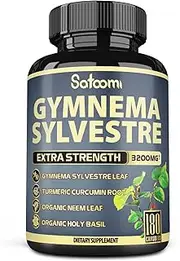 SATOOMI Gymnema Sylvestre Extract Capsules - - 4 Herbs Equivalent To - Blended with Turmeric Curcumin & Neem Leaf, Holy Basil - 1 Pack 180 Vegan Capsules
