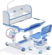 Manual Adjustable Kids Desk and Chair Set, Children Writing Table with LED Light ＆ Reading Board ＆ Drawer, Ergonomic Study Desk Adjusted