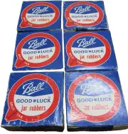 NOS Vintage BALL Red Jar Rubbers Split Tab Canning Rings " Good Luck " 6 Boxes