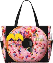 [Ghjkfbf] Strawberry Donut Print Large Capacity Beach Travel Bag For Family, Beach Tote Bag For Women With Zipper Pockets, Black, One Size