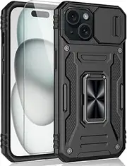 SYONER for iPhone 15 Case, Shockproof Phone Case & Sliding Camera Cover & Ring Holder Kickstand with Screen Protector for Apple iPhone 15 (6.1", 2023) [Black]