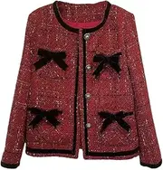[Generic] Women's Woolen Office Ladies Suit Coat Elegant Bow Design Classic Tweed Jacket