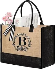 [BeeGreen] Gift Basket Monogram Initial Canvas Tote Bag with Pocket Embroidery Personalized Tote for Mom Teacher Friend, Black & Brown, B