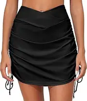 [Leoparts] Women's High Waist Swim Skirt Bottoms Tummy Control Drawstring Ruched Swim Shorts Swimsuit Skorts with Pockets