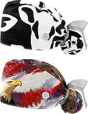 [YTYVAGT] 2-Pc,Nurse Scrub Caps,Scrub Hats with Buttons and Cotton Sweatband,Cow Black and White Print