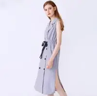 在飛比找PChome24h購物優惠-《D'Fina 時尚女裝》百搭條紋 雙排釦氣質綁帶無袖洋裝