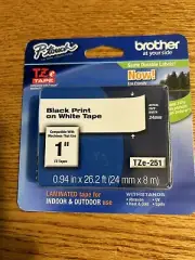 Genuine Brother Black on White Laminated Tape P-Touch 1” Tape