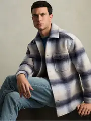 Reiss Blue Multi Kinkade Brushed Wool-Blend Check Overshirt (AA4559) | $395
