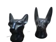 Goddess Bastet Cat Isis + Ebros Anubis Egyptian God Head Black Basalt Stone