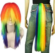 ANOGOL Hair Cap+ Rainbow Wig with Tail Long Straight Colorful Synthetic Wigs for Women Men Multi-Colored Scene Wigs Cosplay for Anime Cosplay Halloween Costume Christmas Party Outfit Mardi Gras Wig