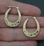 Real 10k Yellow Gold Oval Octagon door knocker Hoop Earring Women 28.2mm 2.3gr