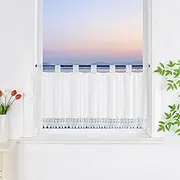 HeichkelL Net Curtain with Loops, Semi-Transparent Bistro Curtain, Plain Colour, Short Curtains with Lace, Country House Short Curtain, White, H x W 45 x 90 cm